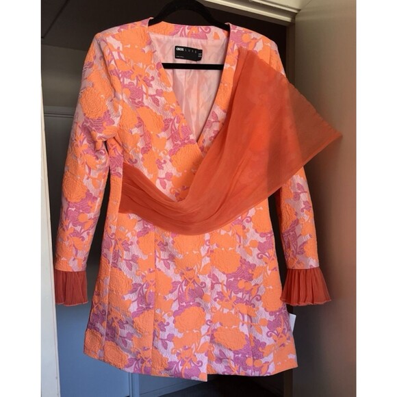 NWT ASOS LUXE Floral Jacquard Plunge Blazer Dress Chiffon Sash Cuffs Sz 8 - Picture 7 of 16